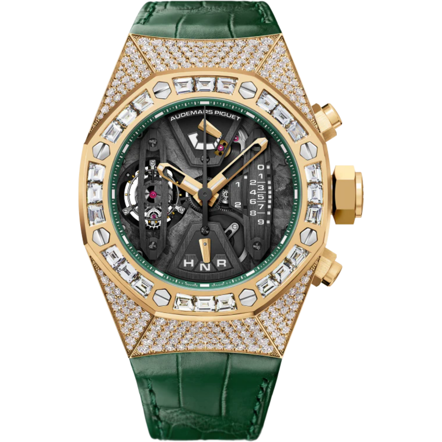 Royal Oak Concept 44MM Tourbillon Chronograph Green Alligator Strap 18-Carat Yellow Gold Case Entirely Set With Brilliant-Cut Diamonds Bezel Set With Baguette-Cut Diamonds