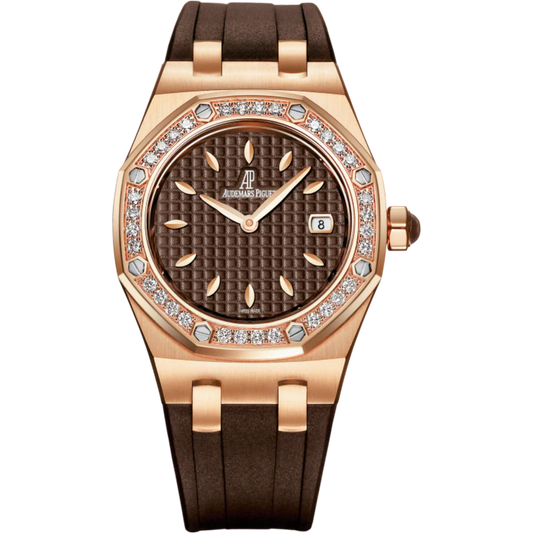 Royal Oak Quartz 33MM Brown Rubber Strap Brown Dial With Grande Tapisserie Pattern 18-Carat Pink Gold Case Bezel Set With Brilliant-Cut Diamonds