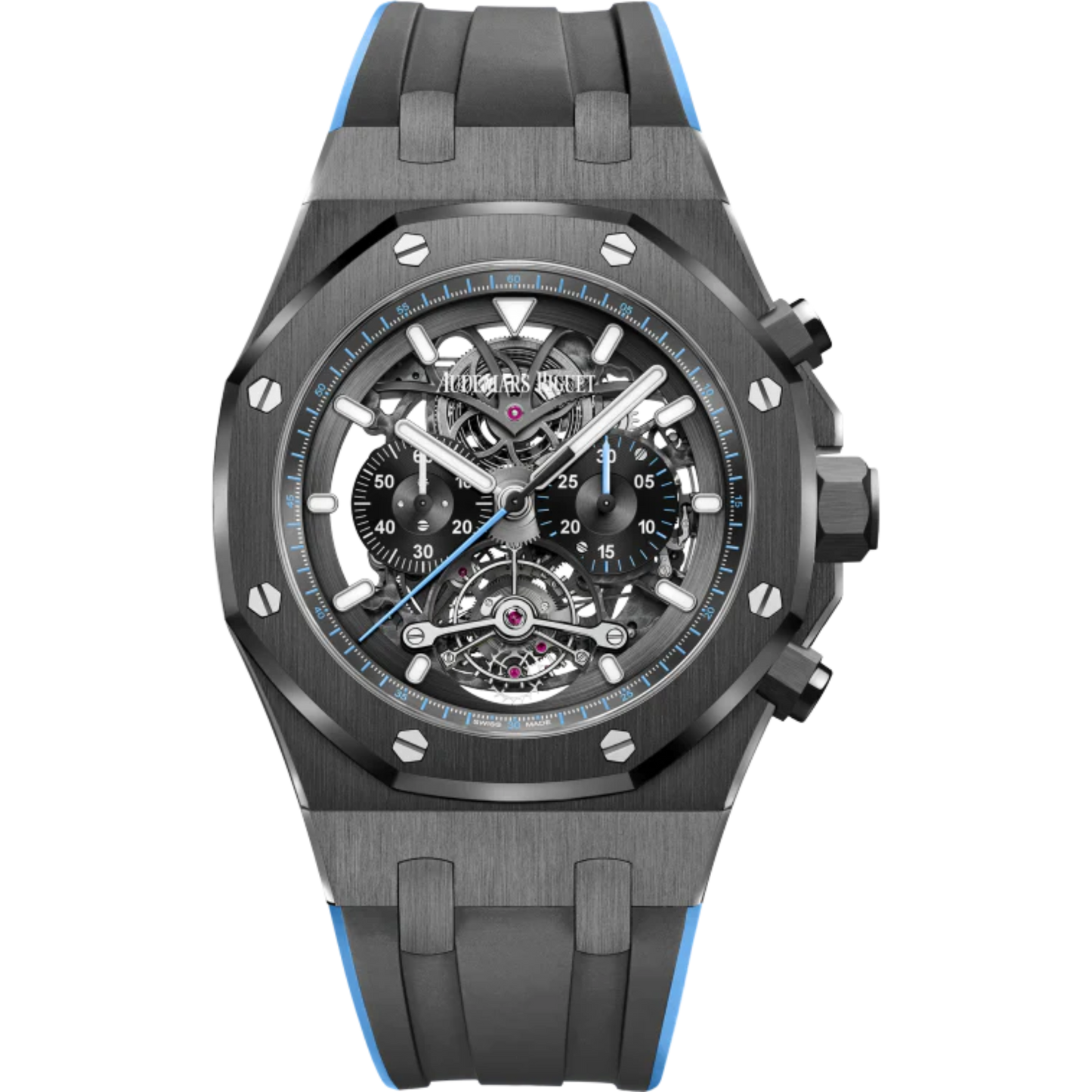 Royal Oak Tourbillon Chronograph Openworked 44MM Two-Tone Black and Blue Rubber Strap Openworked Satin-Brushed Black Dial Black Ceramic Case