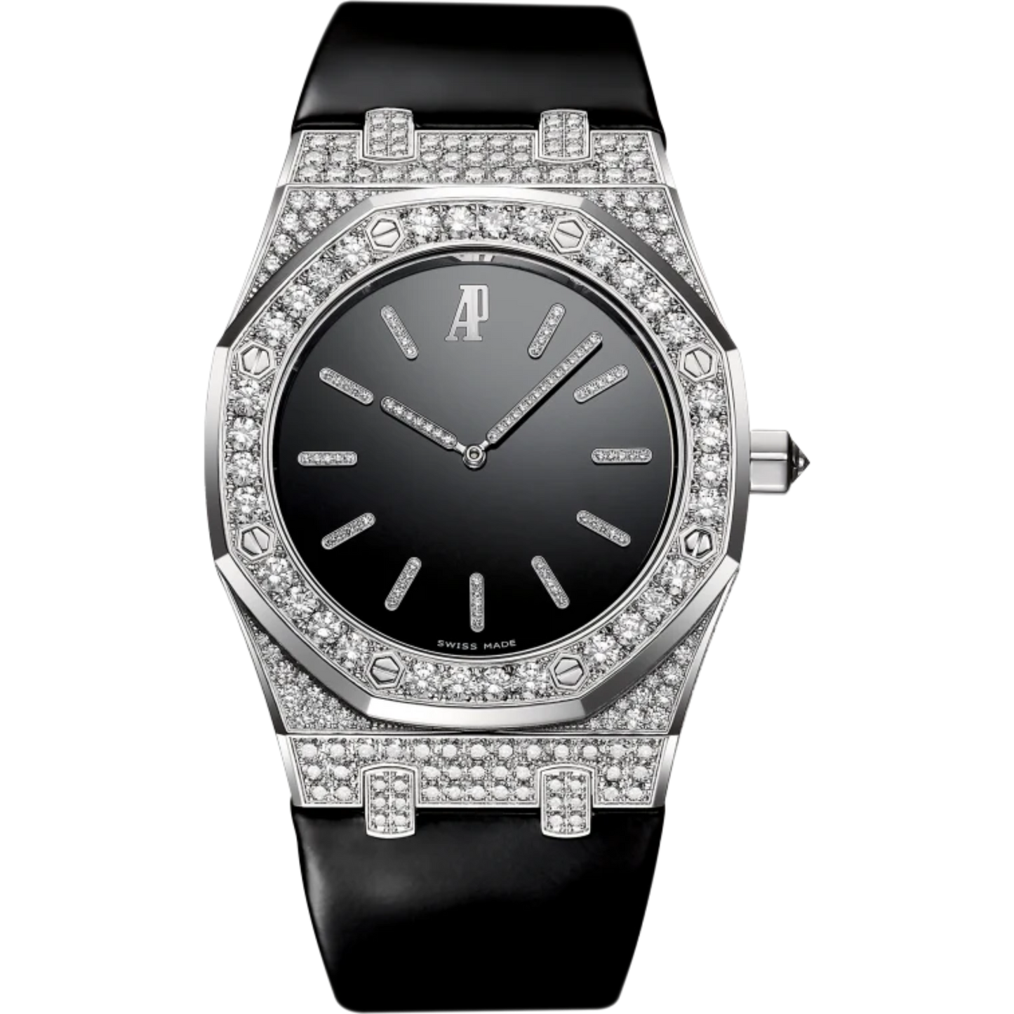 Royal Oak Tuxedo 39MM Shiny Black Leather Strap Polished Laquered Black Dial 18-Carat White Gold Case Entirely Set With Diamonds