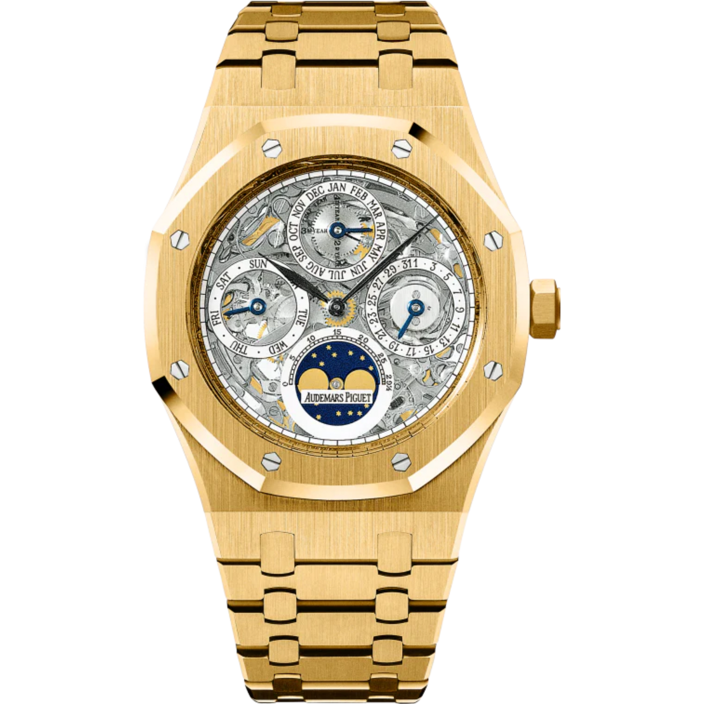 Royal Oak Openworked Perpetual Calendar 39MM 18-Carat Yellow Gold Bracelet Sapphire Dial With White Indicators 18-Carat Yellow Gold Case