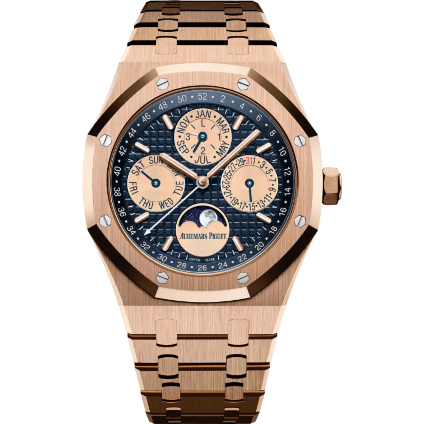 Royal Oak Perpetual Calendar 41MM 18-Carat Pink Gold Bracelet Blue Dial With Grande Tapisserie Pattern 18-Carat Pink Gold Case