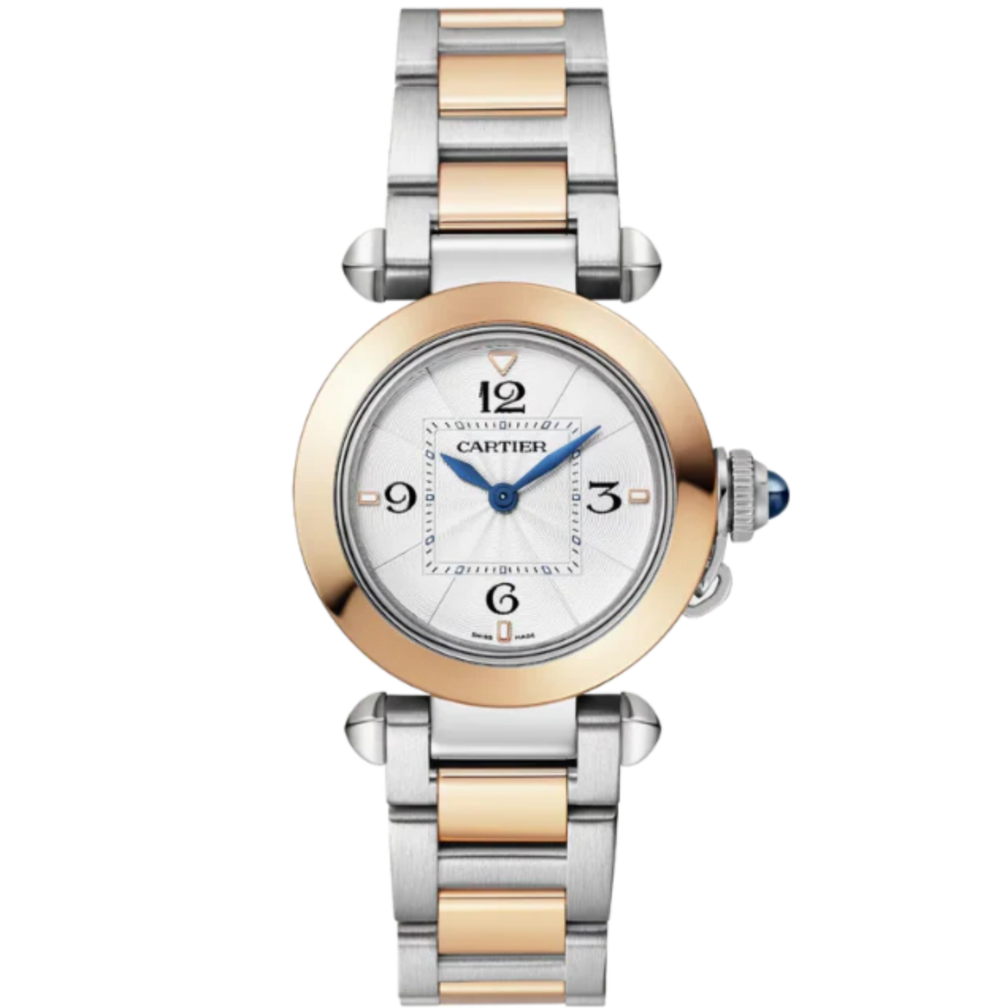 PASHA DE CARTIER 30 MM STAINLESS STEEL WITH 18K ROSE GOLD BEZEL AND OPALINE FLINQUE DIAL