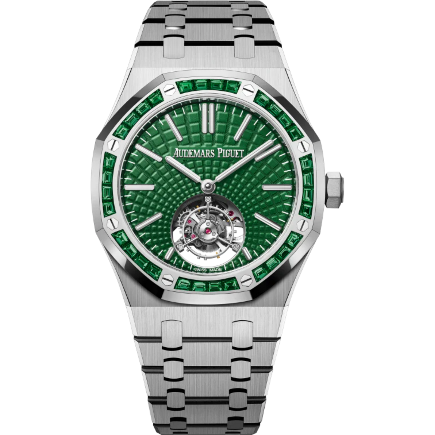 Royal Oak Selfwinding Flying Tourbillon 41MM Titanium Bracelet Green Dial With Evolutive Tapisserie Pattern Titanium Case 18-Carat White Gold Bezel Set With Baguette-Cut Emeralds