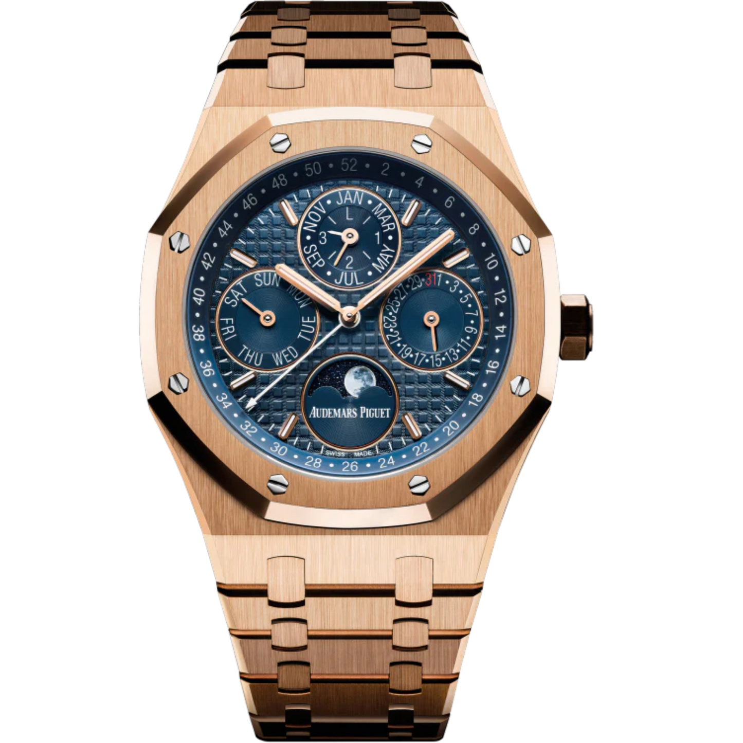 Royal Oak Perpetual Calendar 41MM 18-Carat Pink Gold Bracelet Blue Dial With Grande Tapisserie Pattern 18-Carat Pink Gold Case