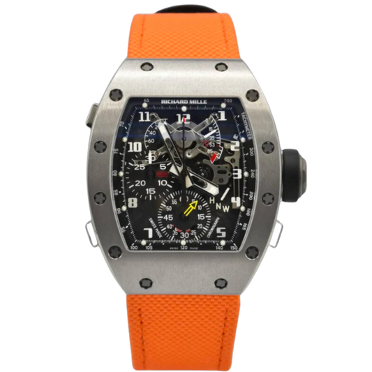 RM 004-V1 White Gold Split Second Chronograph Rockefeller Orange Strap White Gold Case