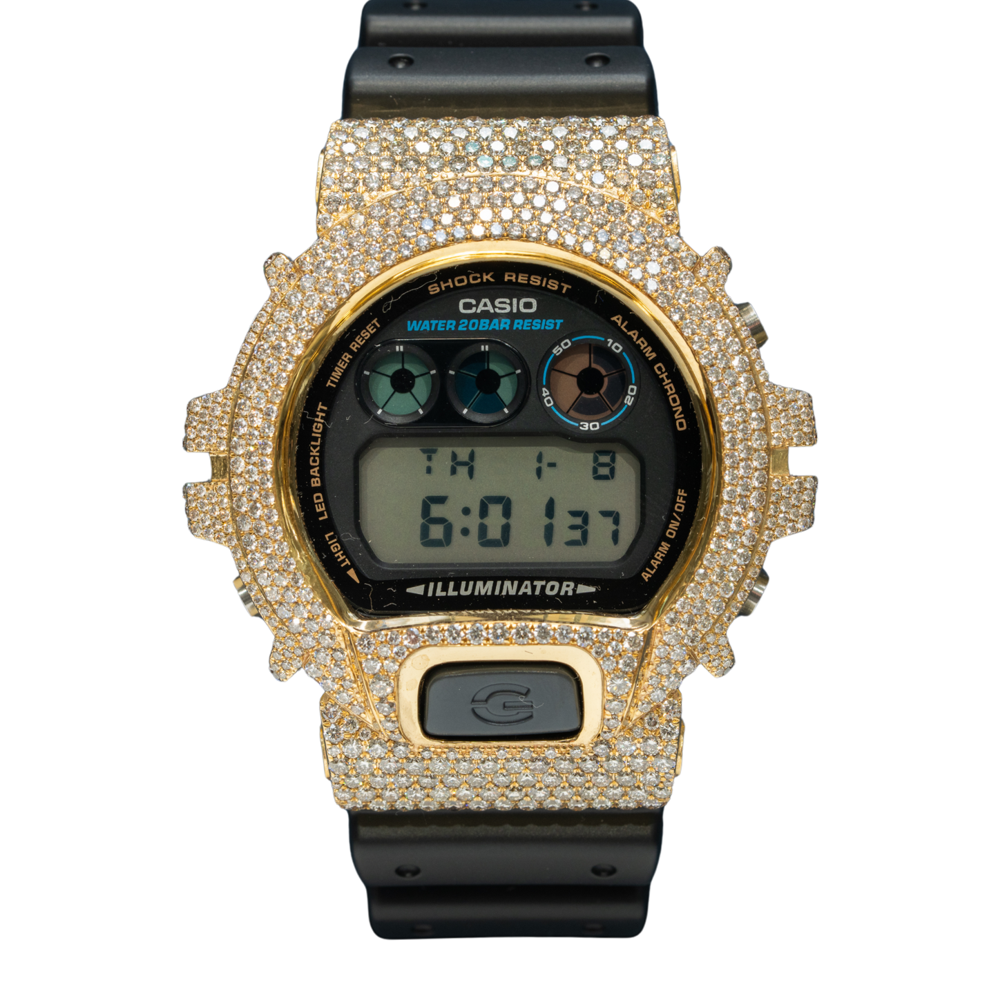 Casio Iced out G-SHOCK Honeycomb Setting All Yellow Bezel 7.50 CTW Diamonds Black Dial
