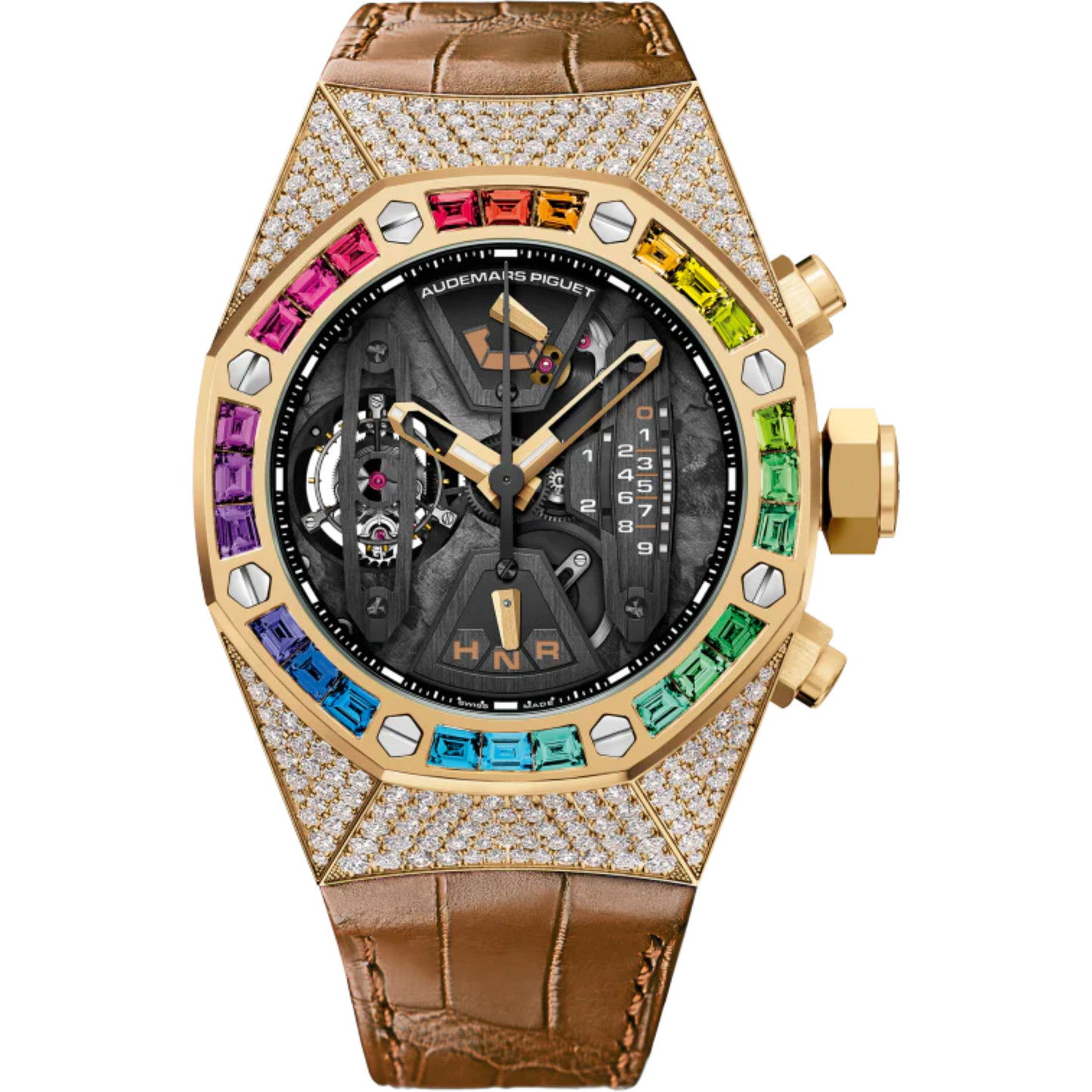 Royal Oak Concept 44MM Tourbillon Chronograph Brassy Yellow Gold-Toned Alligator Strap 18-Carat Yellow Gold Case Bezel Set With Rainbow Coloured Baguette-Cut Sapphires