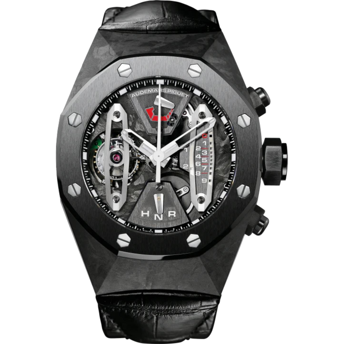 Royal Oak Concept 44MM Tourbillon Carbon Chronograph Black Alligator Strap Black Openworked Dial Forged Carbon Case