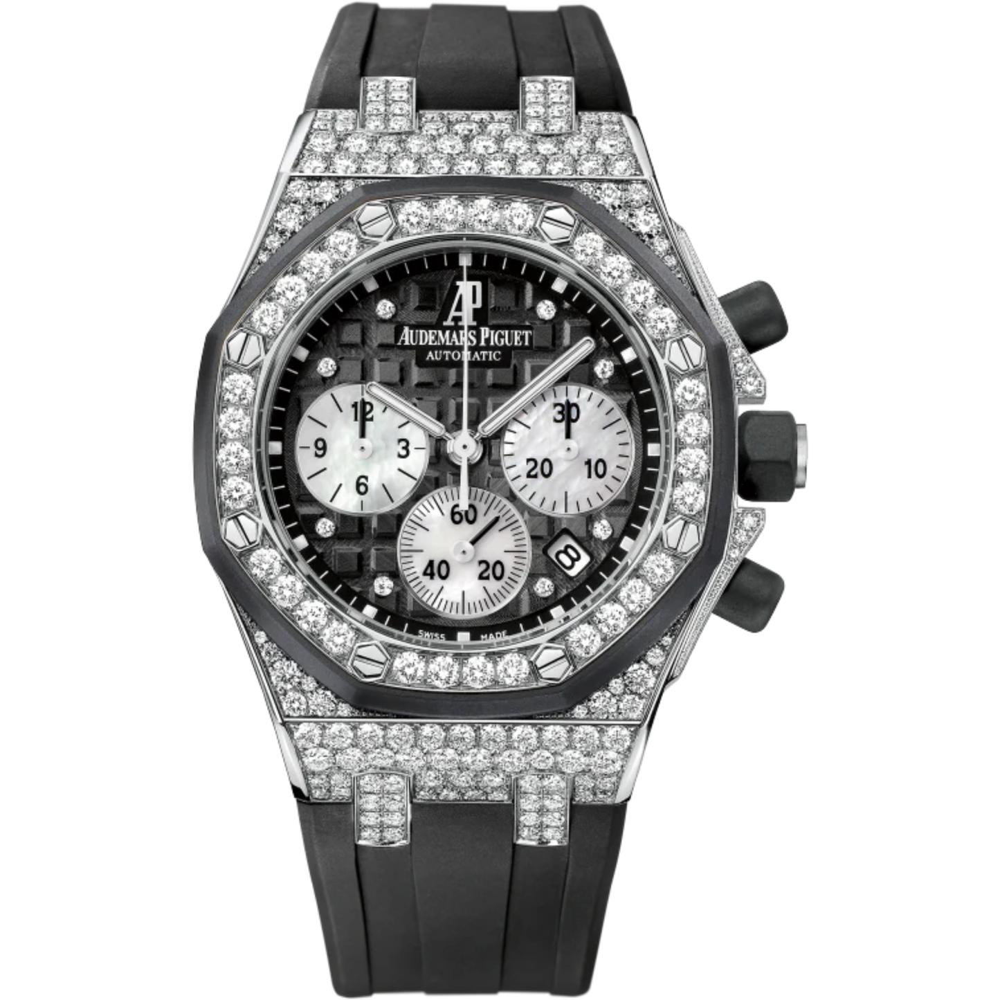 Royal Oak Offshore Chronograph 37MM Black Rubber Strap Black Dial With Méga Tapisserie Pattern 18-Carat White Gold Case Entirely Set With Diamonds Black Rubber-Clad Bezel