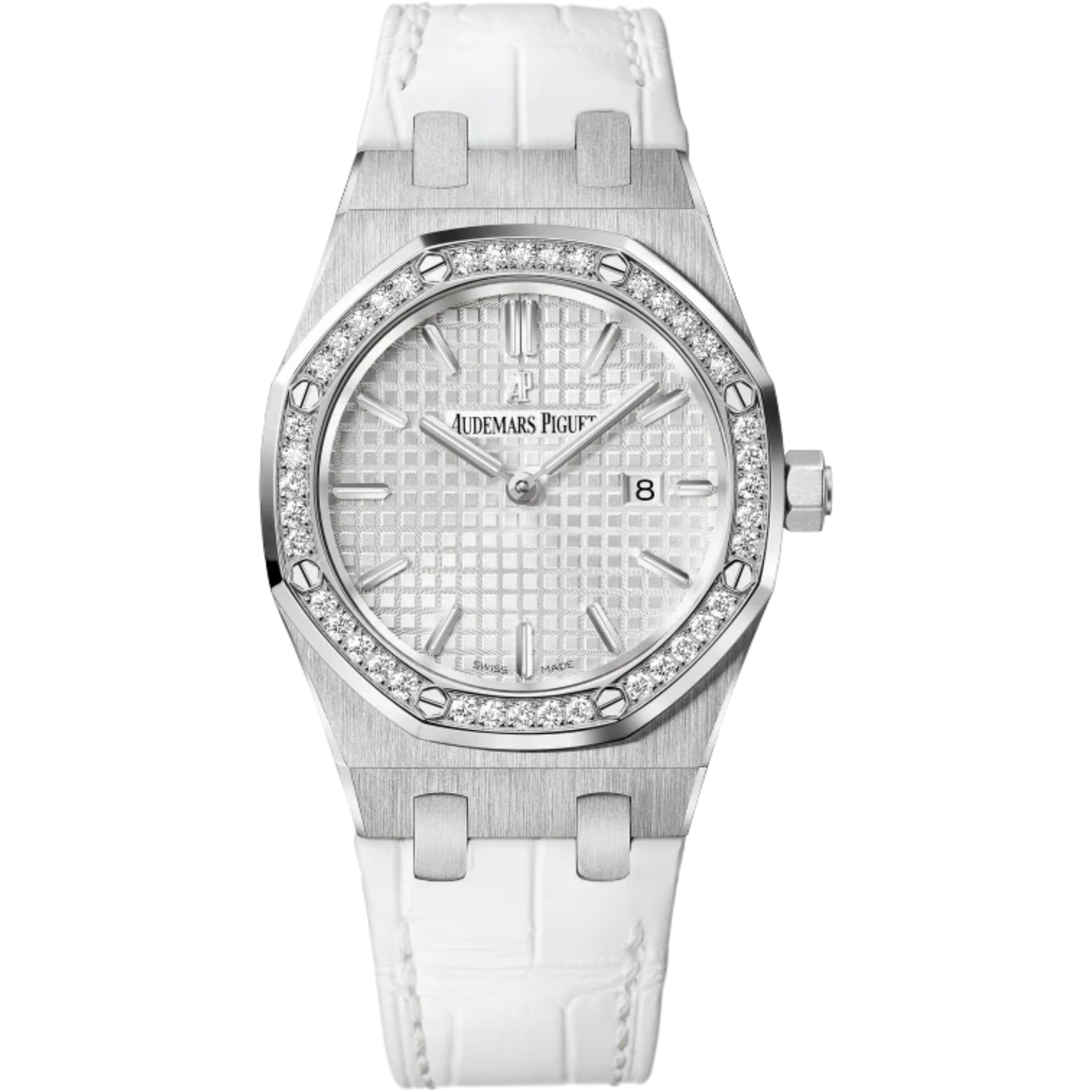Royal Oak Quartz 33MM White Alligator Strap Silvered Dial With Grande Tapisserie Pattern Stainless Steel Case Diamond-Set Bezel