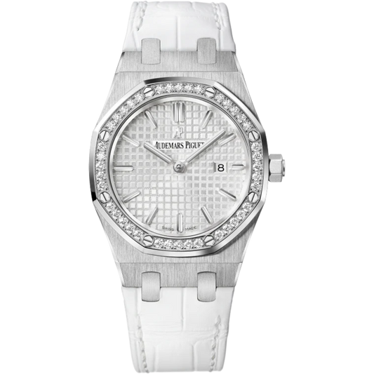 Royal Oak Quartz 33MM White Alligator Strap Silvered Dial With Grande Tapisserie Pattern Stainless Steel Case Diamond-Set Bezel