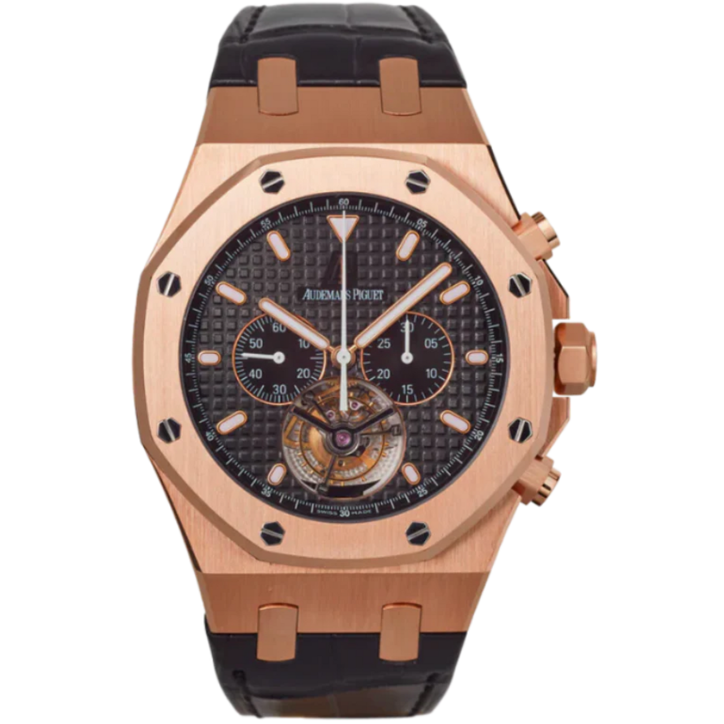 25977OR.OO.D002CR.01 44MM Rose Gold Royal Oak Tourbillon Black Dial on Leather