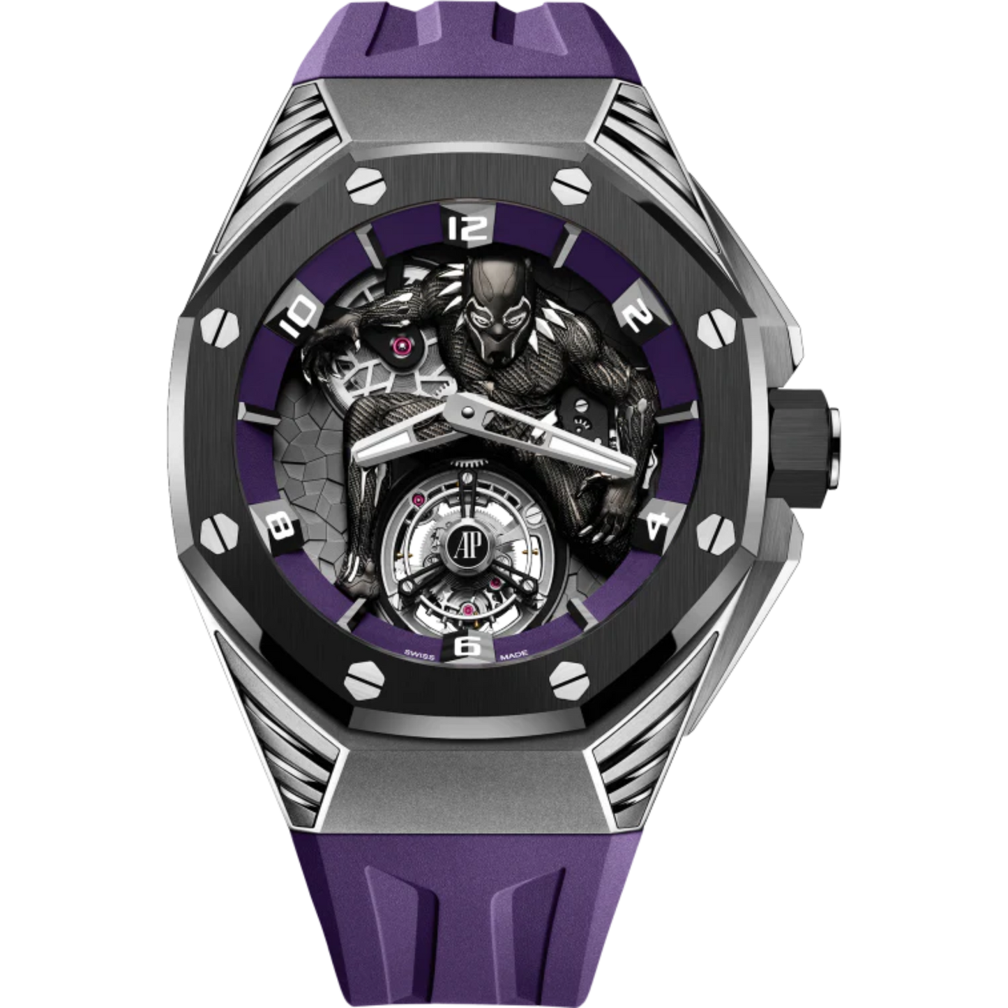 Royal Oak Concept 42MM Black Panther Flying Tourbillon Purple Rubber Strap White Gold 3D Black Panther Character Dial Sandblasted Titanium Case Black Ceramic Bezel