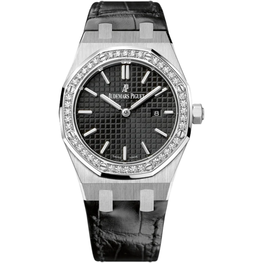 Royal Oak Quartz 33MM Black Alligator Strap Black Dial With Grande Tapisserie Pattern Stainless Steel Case Diamond-Set Bezel