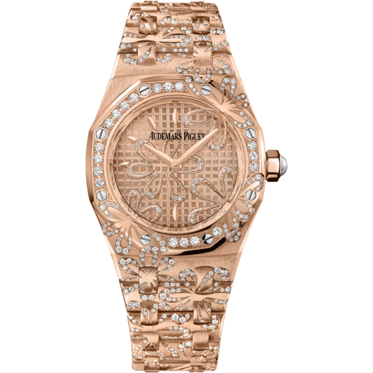Royal Oak Floral 33MM 18-Carat Pink Gold Bracelet 18-Carat Pink Gold Dial With Grande Tapisserie Pattern 18-Carat Pink Gold Case Set With a Floral Decor
