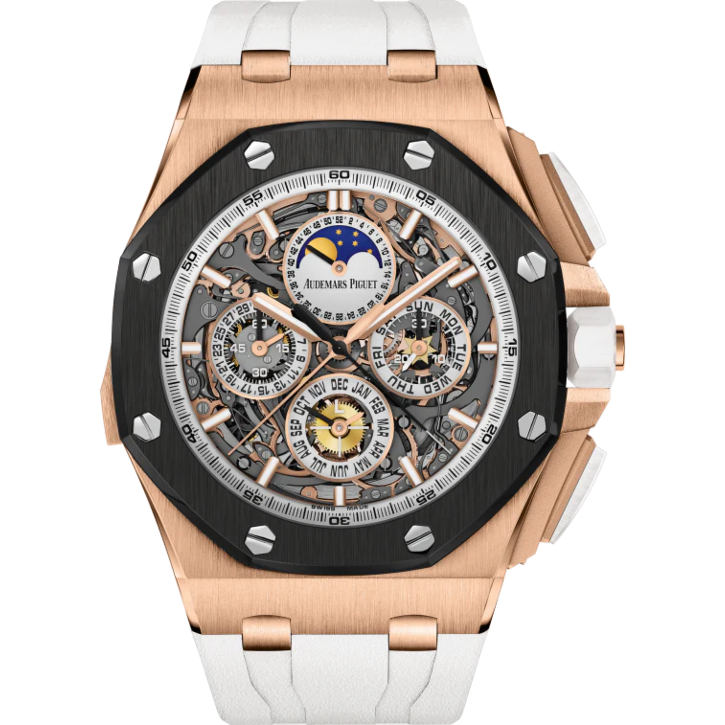 Royal Oak Offshore Grande Complication 44MM White Rubber Strap Smoked Sapphire Dial 18-Carat Pink Gold Case Ceramic Bezel