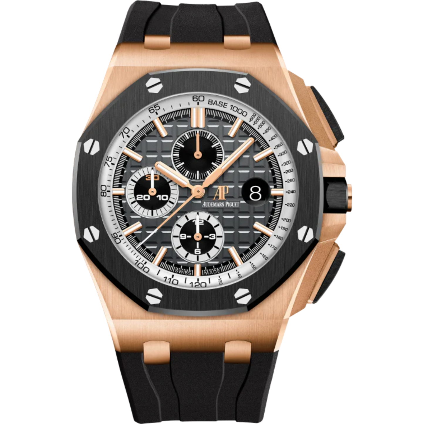 Royal Oak Offshore Selfwinding Chronograph 44MM Black Rubber Strap Slate Grey Dial With Méga Tapisserie Pattern 18-Carat Pink Gold Case Black Ceramic Bezel