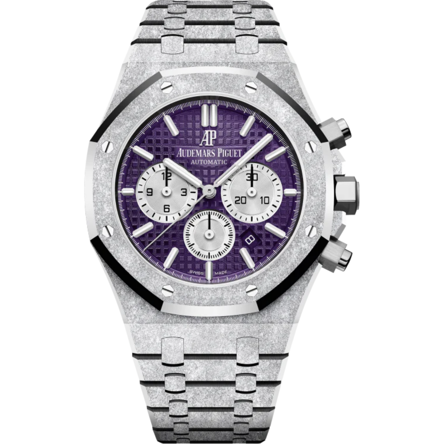 Royal Oak Frosted Gold Selfwinding Chronograph 41MM Hammered 18-Carat White Gold Bracelet Plum Purple Dial With Grande Tapisserie Pattern Hammered 18-Carat White Gold Case