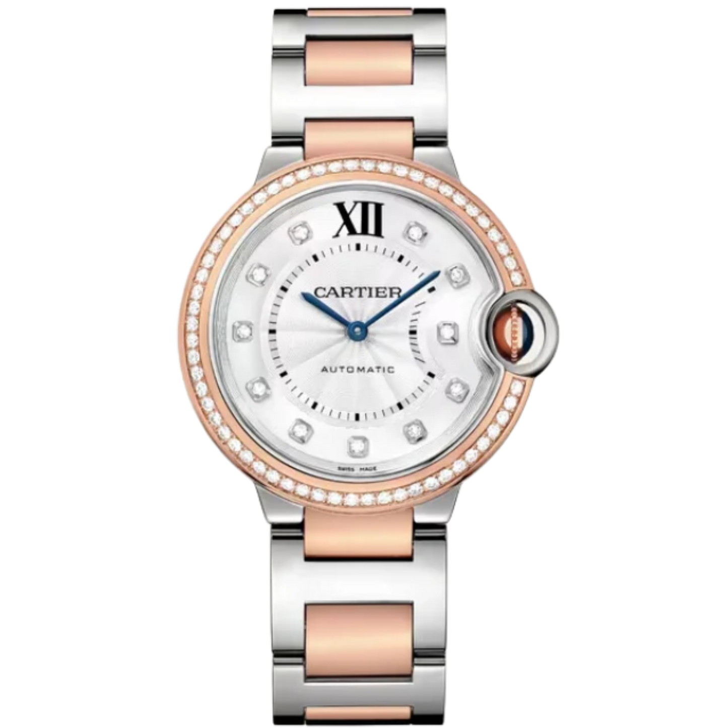 BALLON BLEU DE CARTIER 36 MM STAINLES STEEL, ROSE GOLD BEZEL WITH SILVER GUILLOCHE DIAL