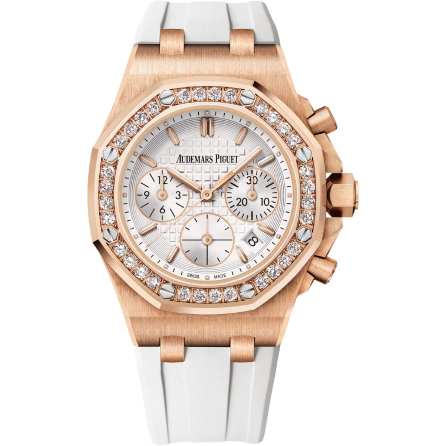 Royal Oak Offshore Chronograph 37MM White Rubber Strap Silver-Toned Dial With New Lady Tapisserie Pattern 18-Carat Pink Gold Case Diamond-Set Bezel