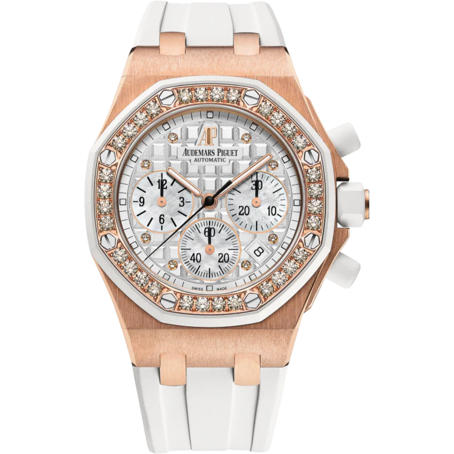 Royal Oak Offshore Chronograph 37MM White Rubber Strap Silvered Dial With Méga Tapisserie Pattern 18-Carat Pink Gold Case Diamond-Set Bezel