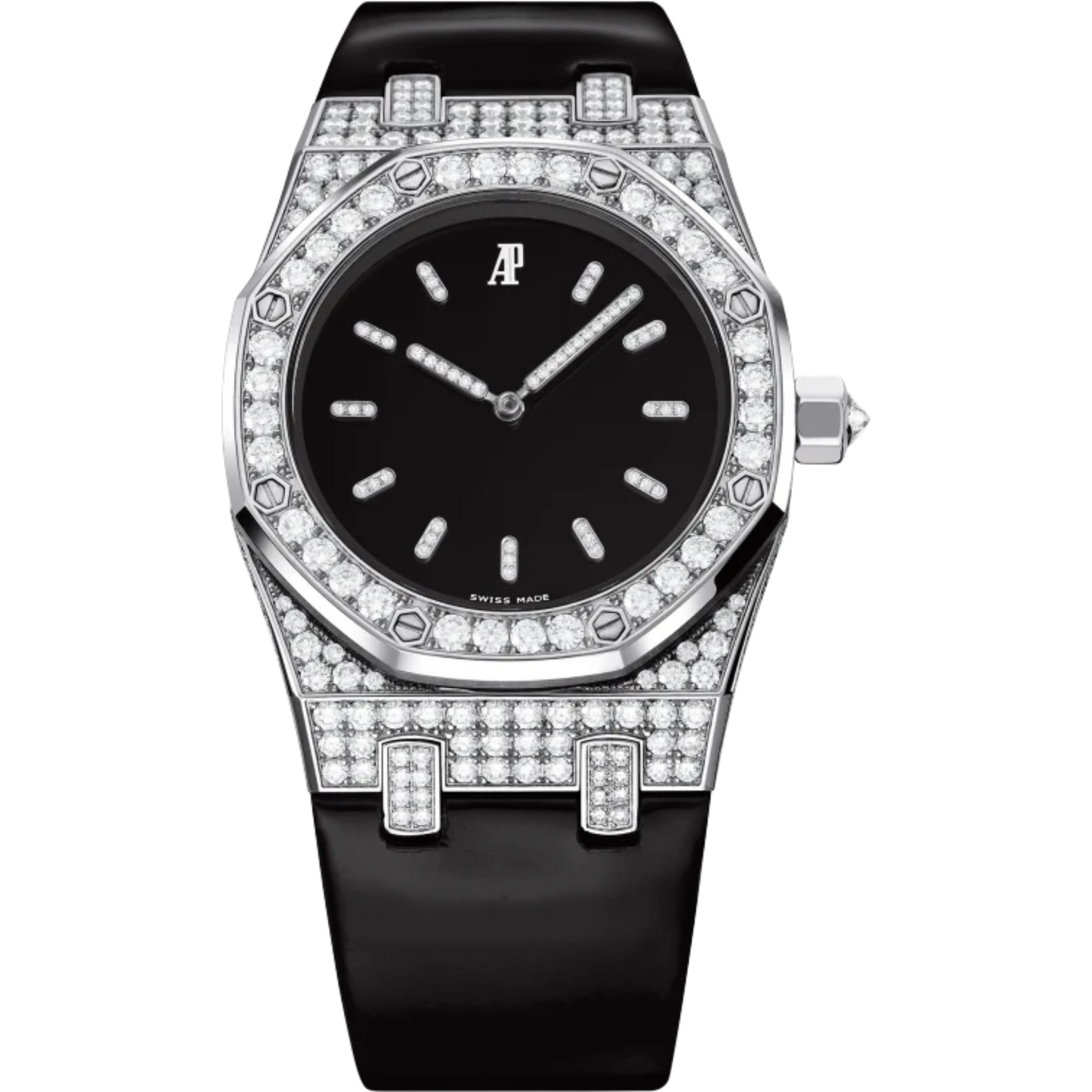 Royal Oak Tuxedo 33MM Black Leather Strap Polished Lacquered Black Dial 18-Carat White Gold Case Bezel Set With Brilliant-Cut Diamonds