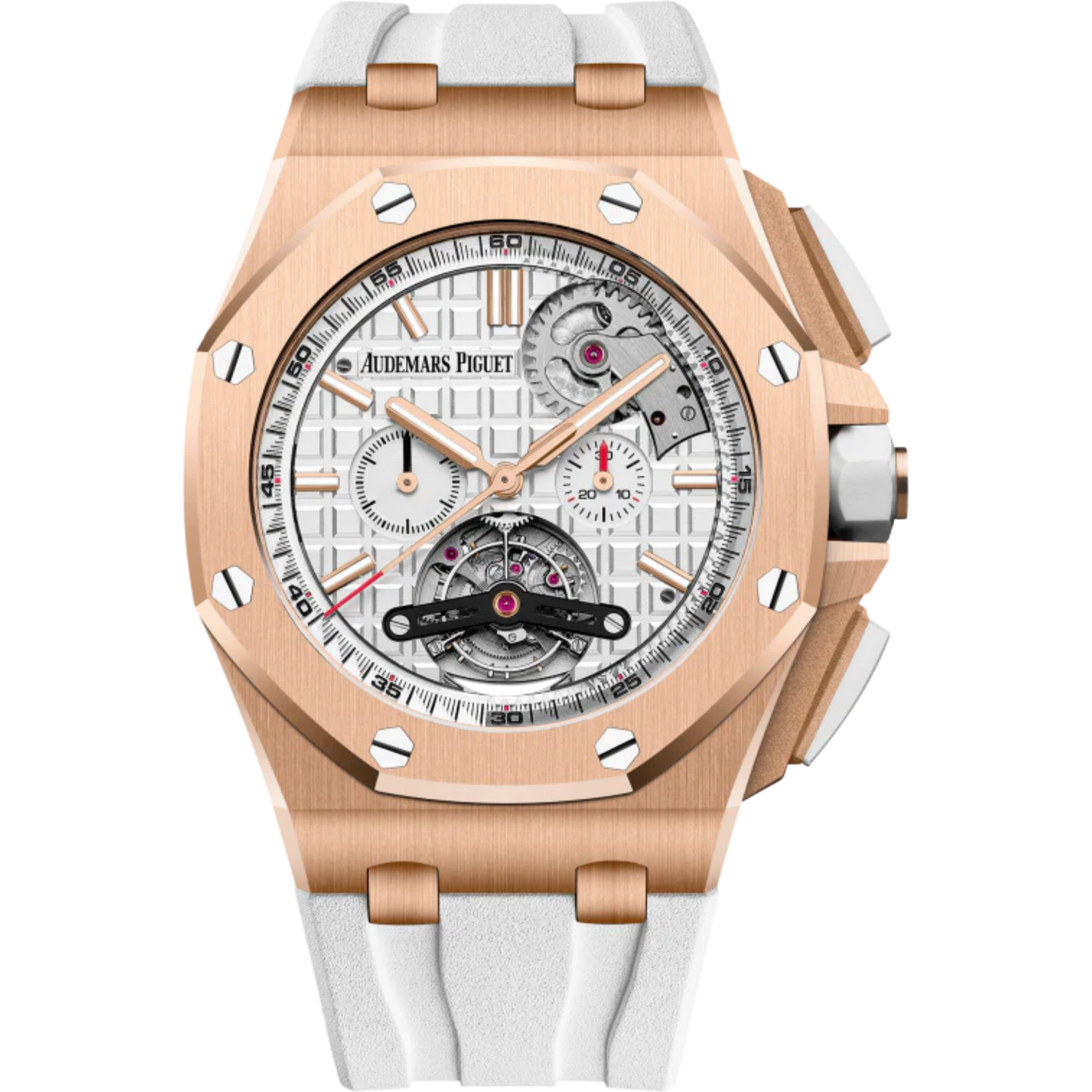 Royal Oak Offshore Tourbillon Chronograph Selfwinding 44MM White Rubber Strap Silver-Toned Dial With Méga Tapisserie Pattern 18-Carat Pink Gold Case