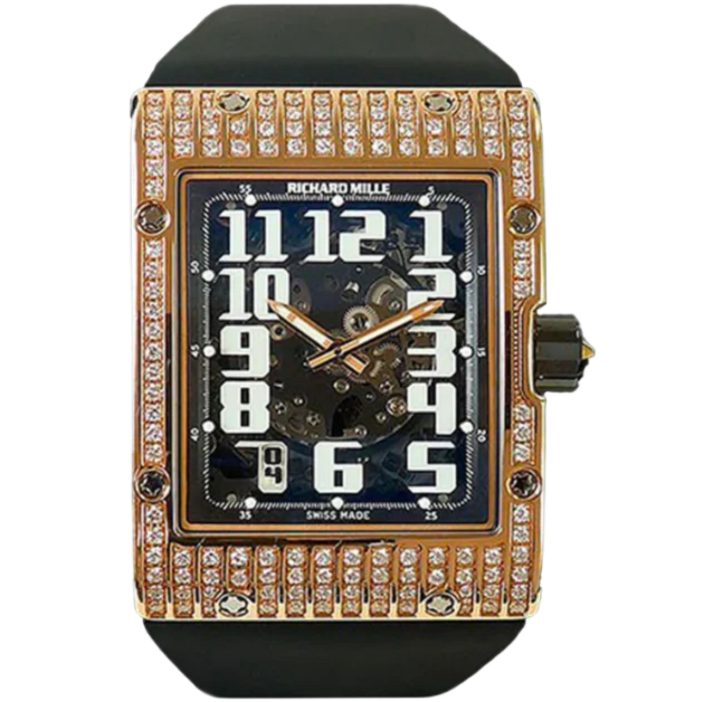 RM 016 Rose Gold Full Diamond Rubber Strap Rose Gold Full Diamond Case
