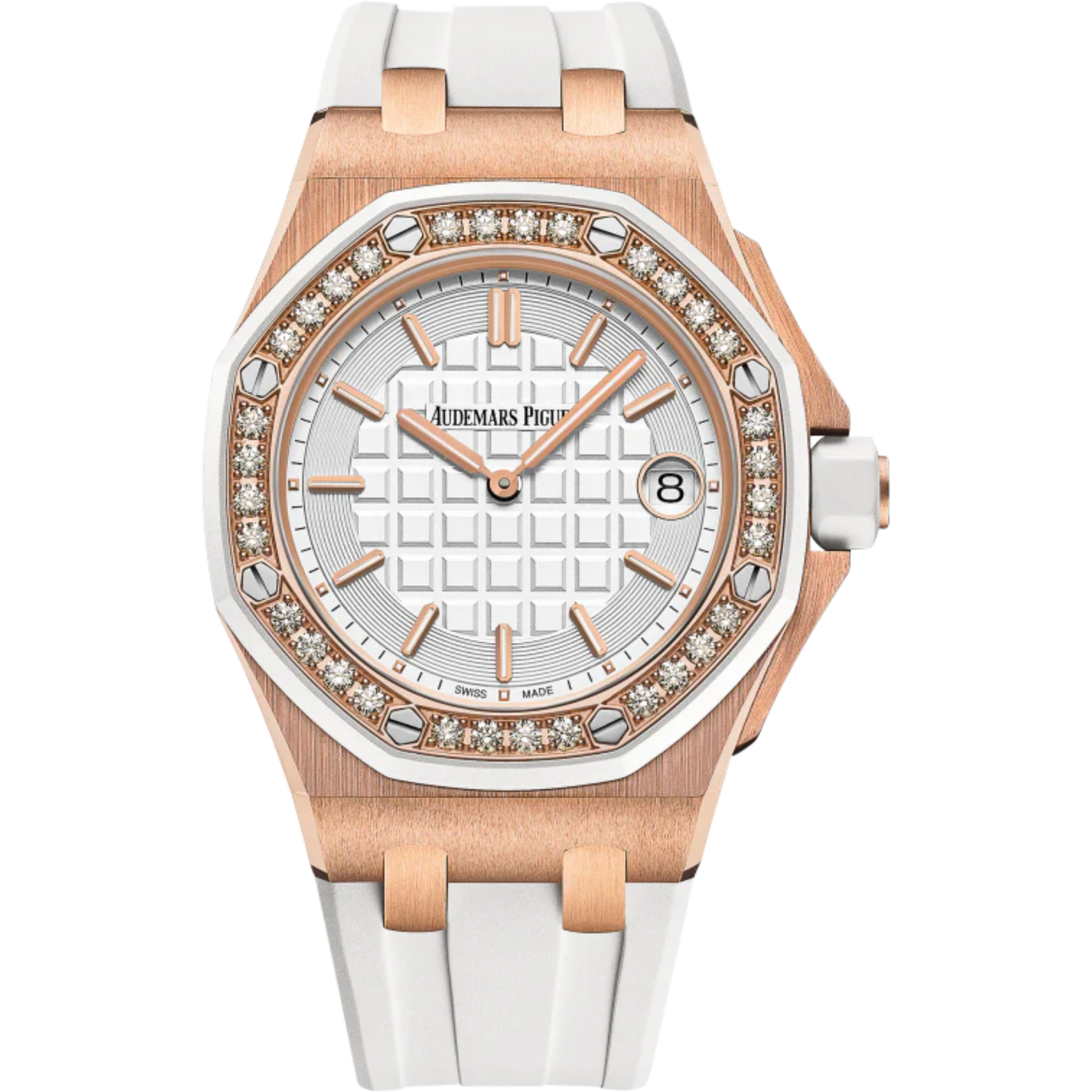 Royal Oak Offshore Quartz 37MM White Rubber Strap Light Silver-Toned Dial With Méga Tapisserie Pattern 18-Carat Pink Gold Case White Rubber-Clad Diamond-Set Bezel and Crown