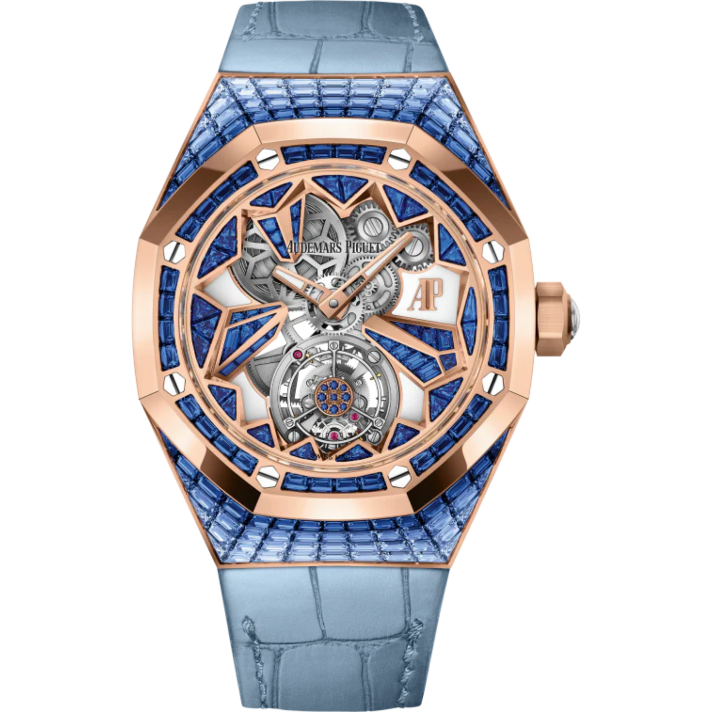 Royal Oak Concept 38.5mm Flying Tourbillon Light Blue Aligator Strap Constellation with 18-Carat Pink Gold Case Entirely Set Sapphires