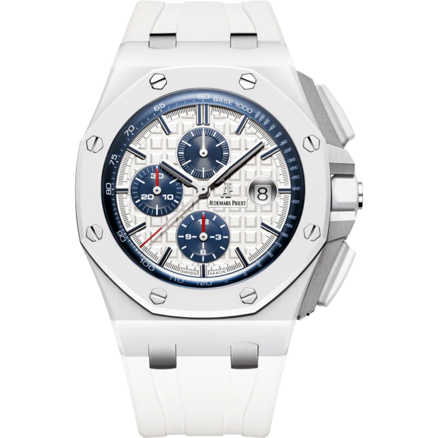 Royal Oak Offshore Chronograph 44MM White Rubber Strap Light Silver-Toned Dial With Méga Tapisserie Pattern White Ceramic Case and Bezel
