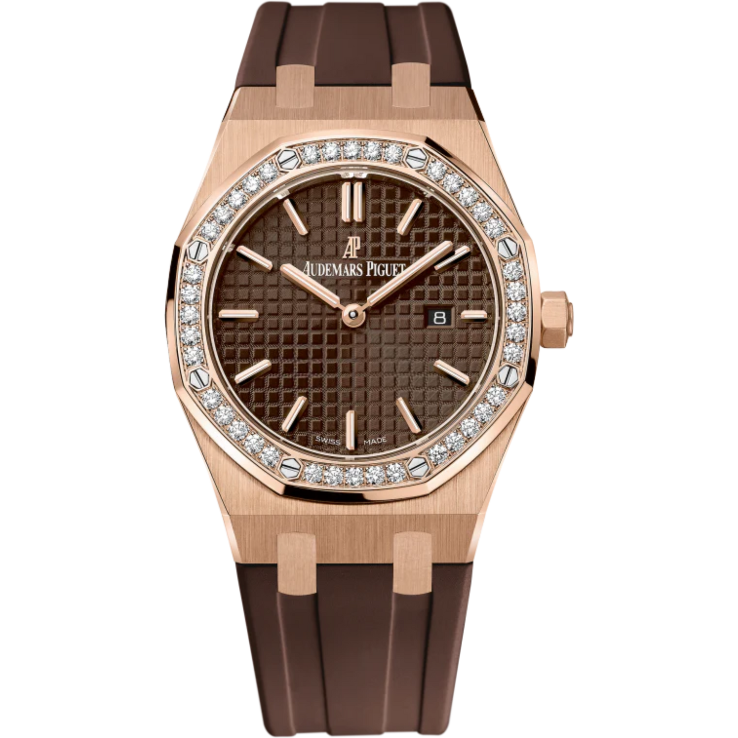 Royal Oak Quartz 33MM Brown Rubber Strap Brown Dial With Grande Tapisserie Pattern 18-Carat Pink Gold Case Diamond-Set Bezel