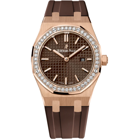 Royal Oak Quartz 33MM Brown Rubber Strap Brown Dial With Grande Tapisserie Pattern 18-Carat Pink Gold Case Diamond-Set Bezel