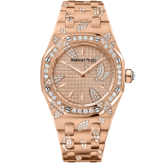 Royal Oak Leaves 33MM 18-Carat Pink Gold Bracelet 18-Carat Pink Gold Dial With Grande Tapisserie Pattern 18-Carat Pink Gold Case Set With a Leaves Decor