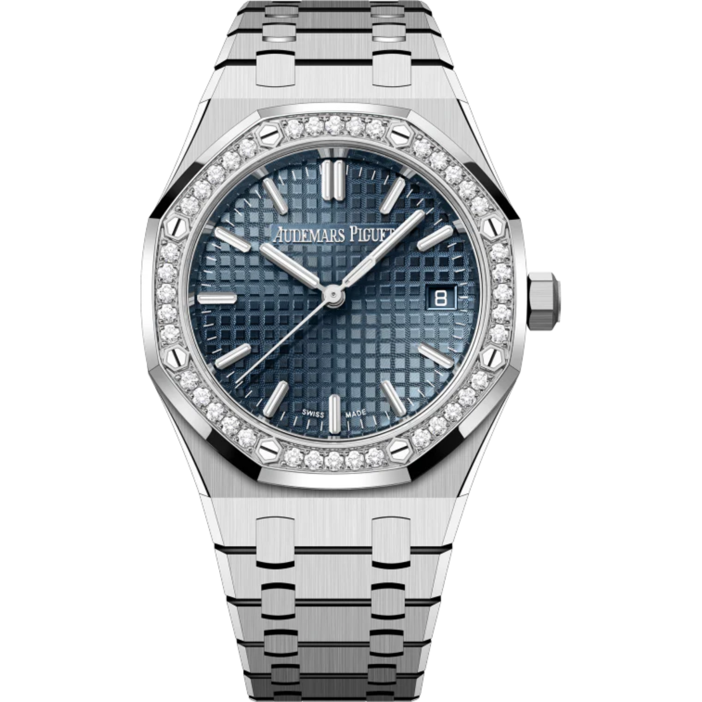 Royal Oak Selfwinding 50th Anniversary 34MM Stainless Steel Bracelet Bleu Nuit Nuage 50 Dial With Grande Tapisserie Pattern Stainless Steel Case Bezel Set With Brilliant-Cut Diamonds