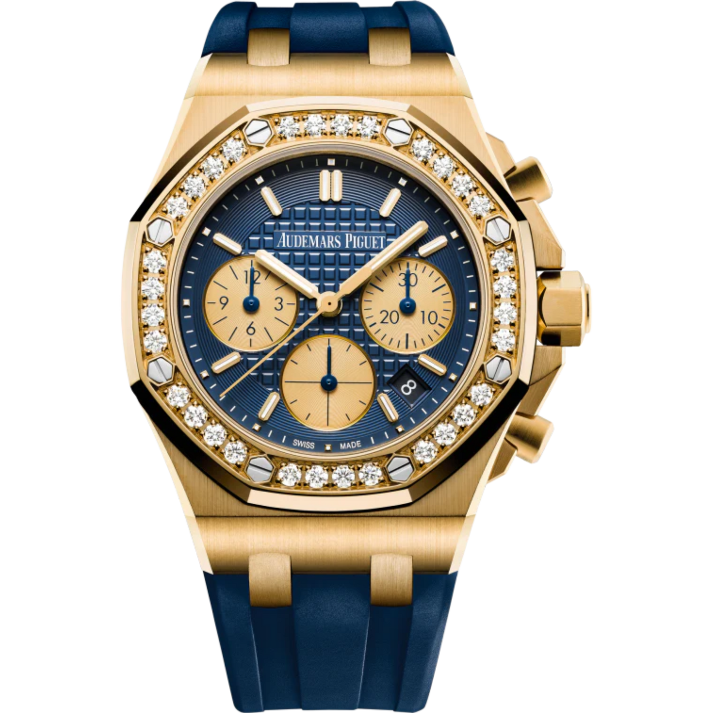 Royal Oak Offshore Selfwinding Chronograph 37MM Blue Rubber Strap Blue Dial With Lady Tapisserie Pattern 18-Carat Yellow Gold Case Diamond-Set Bezel
