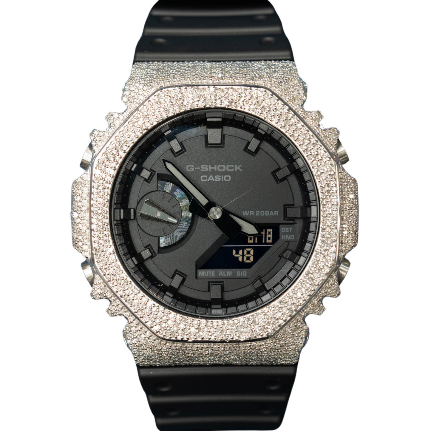 Casio Iced out G Shock Analog (White gold with Black Dial