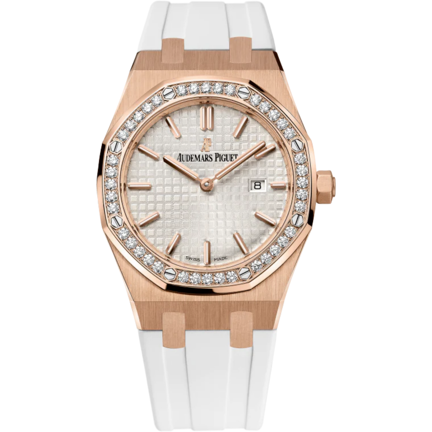 Royal Oak Quartz 33MM White Rubber Strap Silver-Toned Dial With Grande Tapisserie Pattern 18-Carat Pink Gold Case Diamond-Set Bezel