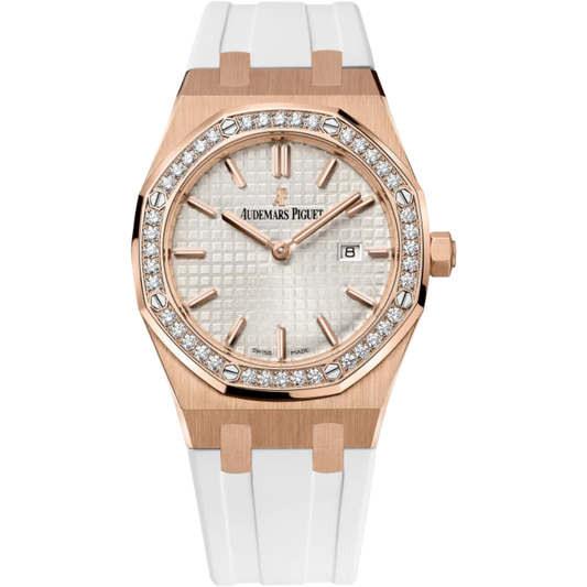 Royal Oak Quartz 33MM White Rubber Strap Silver-Toned Dial With Grande Tapisserie Pattern 18-Carat Pink Gold Case Diamond-Set Bezel