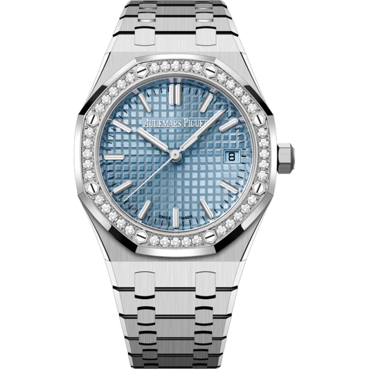 Royal Oak Selfwinding 50th Anniversary 34MM Stainless Steel Bracelet Light Blue Dial With Grande Tapisserie Pattern Stainless Steel Case Bezel Set With Brilliant-Cut Diamonds