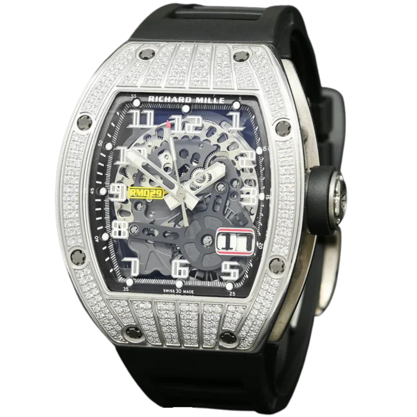 RM 029 White Gold Full Pave Diamond Rubber Strap Skeleton Dial White Gold Diamond Set Case
