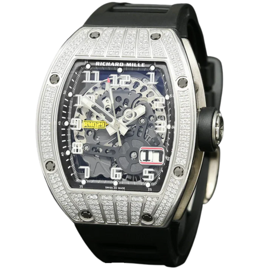 RM 029 White Gold Full Pave Diamond Rubber Strap Skeleton Dial White Gold Diamond Set Case