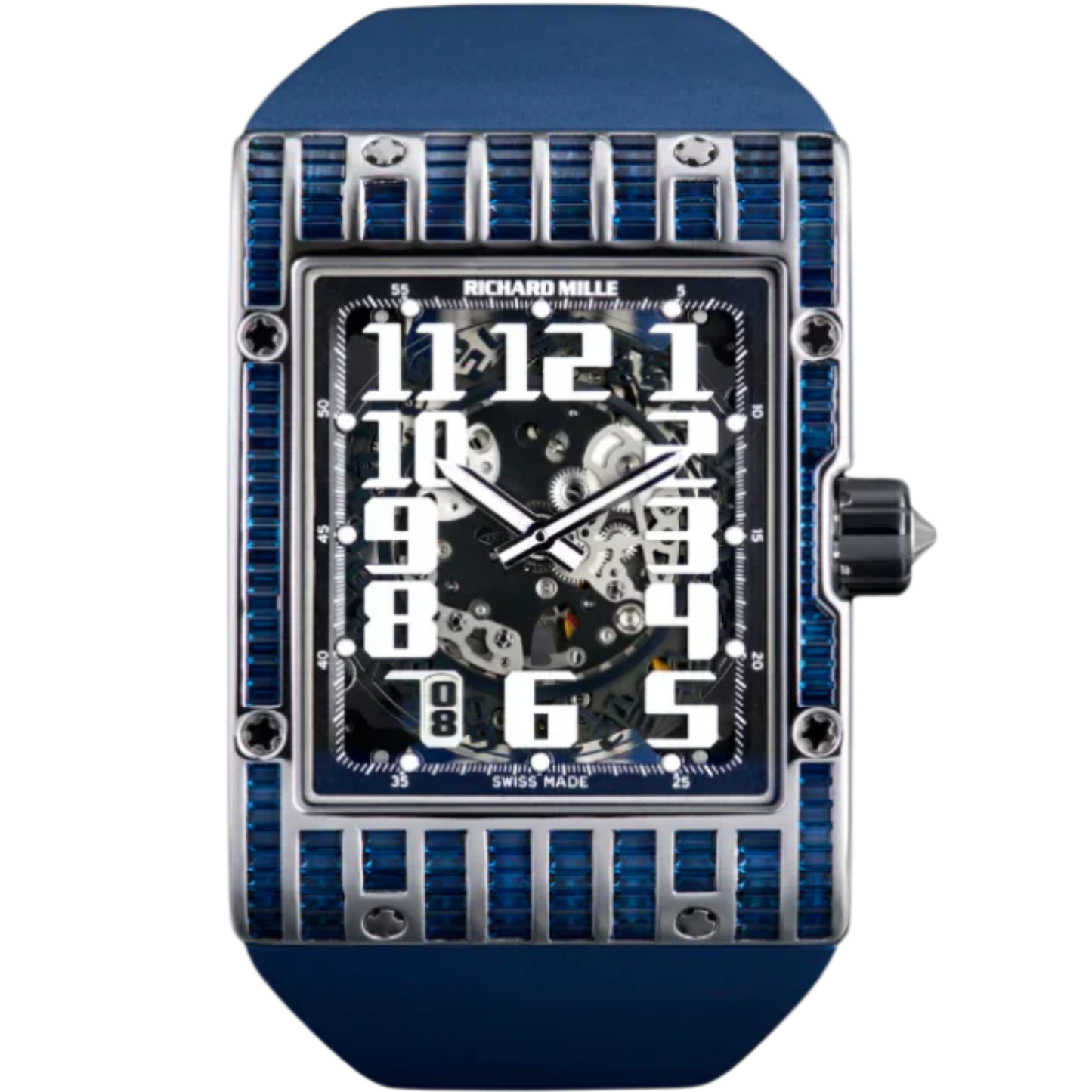 RM 016 Baguette Sapphire Set Blue Rubber Strap Blue Baguette Cut Sapphires Case