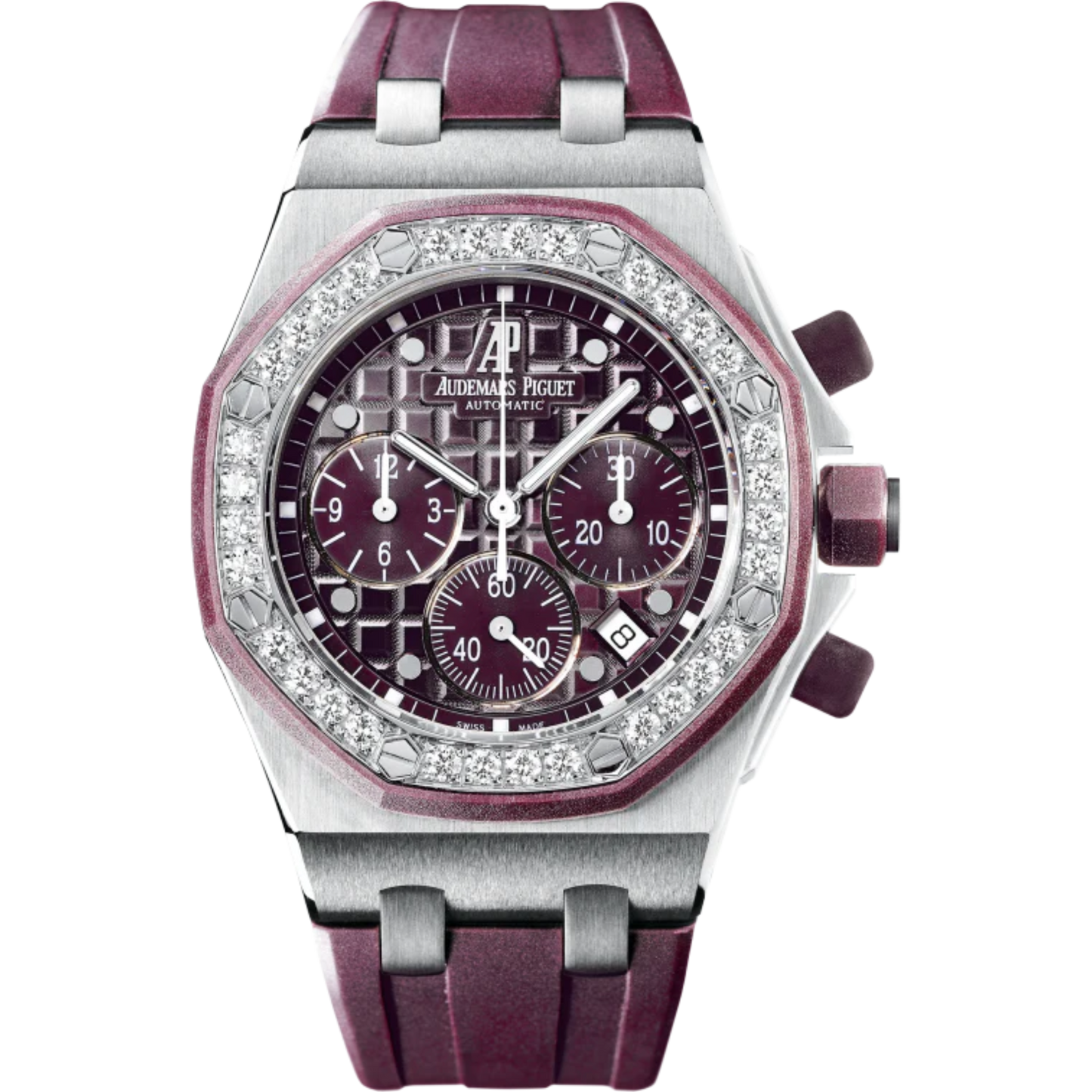 Royal Oak Offshore Chronograph 37MM Plum-Coloured Rubber Strap Plum-Coloured Dial With Méga Tapisserie Pattern Stainless Steel Case Diamond-Set Bezel