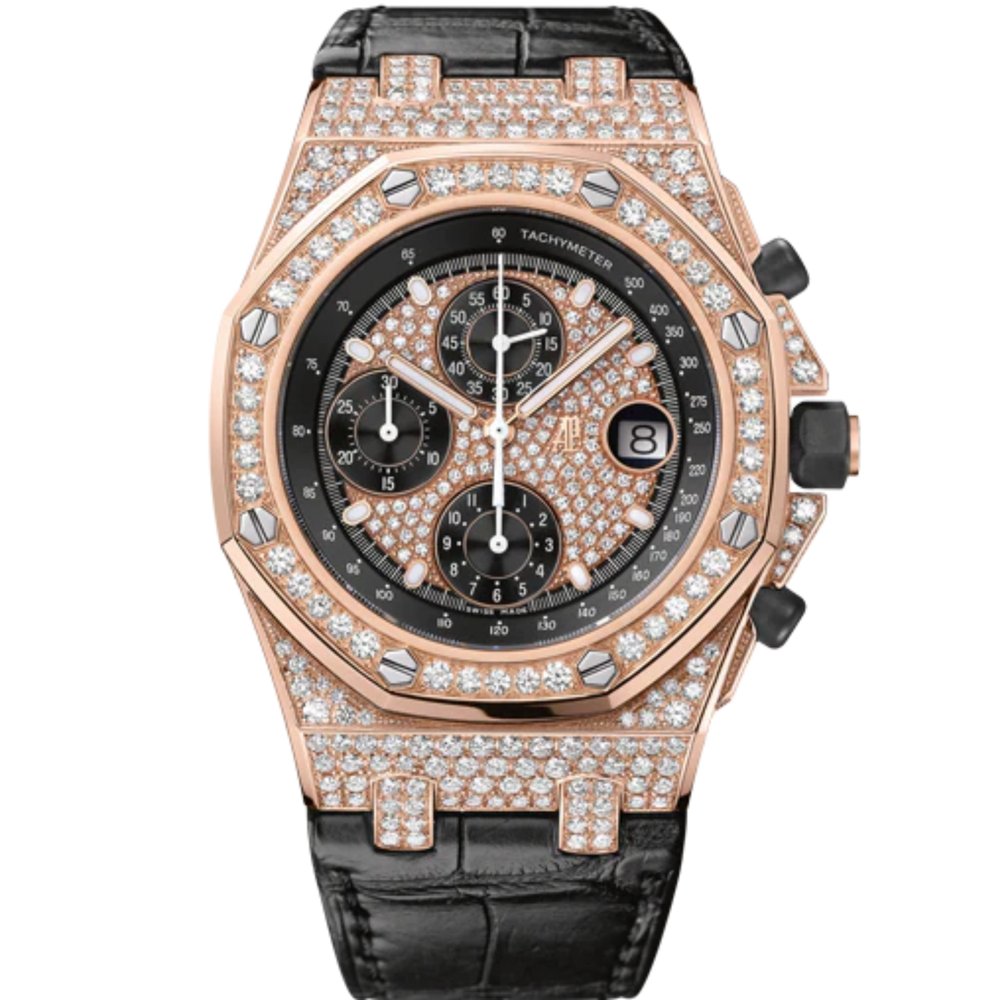 Royal Oak Offshore Chronograph 42MM Black Alligator Strap Diamond-Paved Dial 18-Carat Pink Gold Case Entirely Set With Diamonds