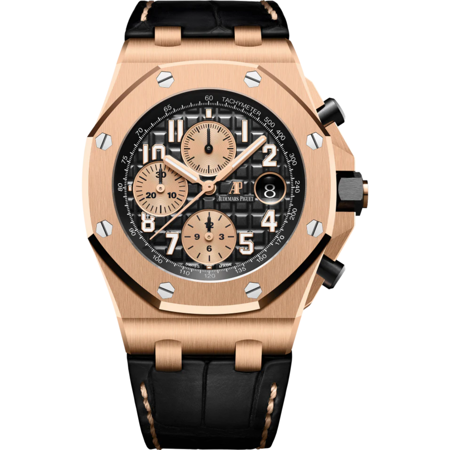 Royal Oak Offshore Selfwinding Chronograph 42MM Black Alligator Strap Black Dial With Méga Tapisserie Pattern 18-Carat Pink Gold Case