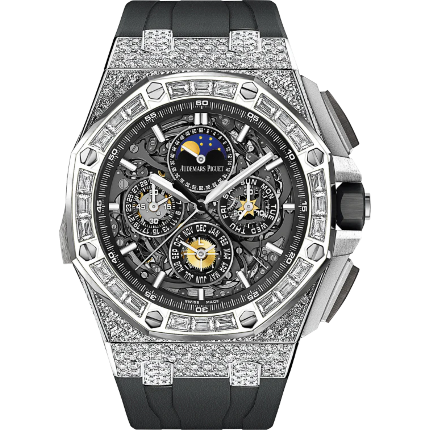 Royal Oak Offshore Grande Complication Openworked 44MM Black Rubber Strap Sapphire Dial 18-Carat White Gold Case 18-Carat White Gold Bezel Set With Baguette-Cut Diamonds
