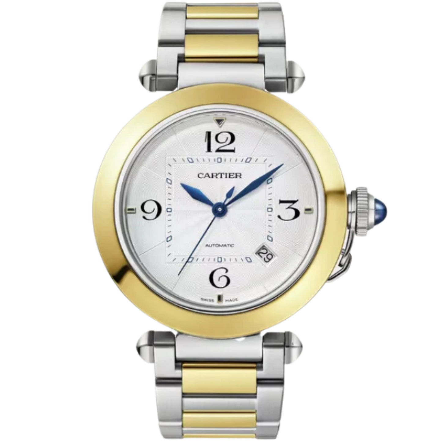 PASHA DE CARTIER 41 MM STAINLESS STEEL WITH 18K YELLOW GOLD BEZEL AND SILVER FLINQUE DIAL