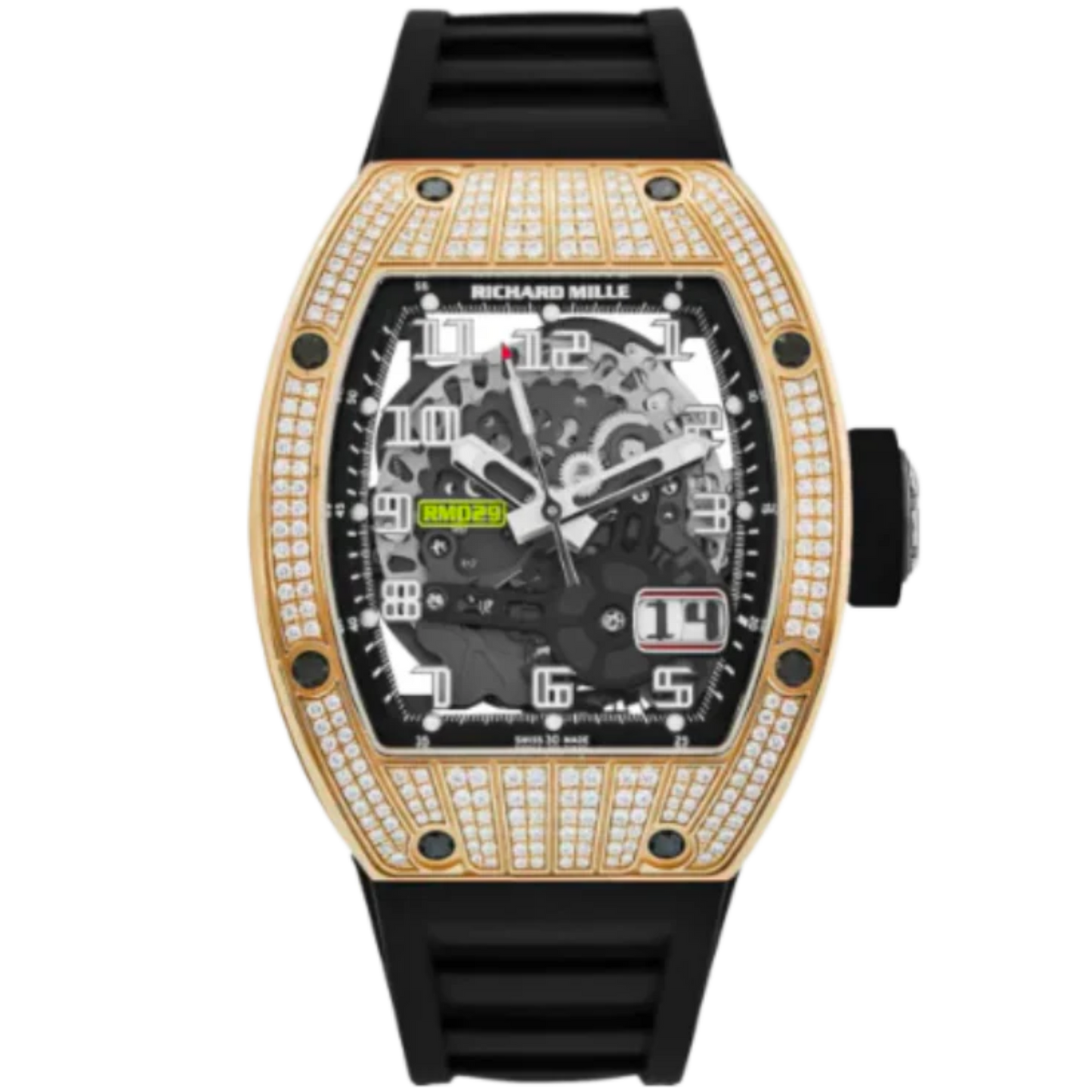 RM 029 Rose Gold Full Pave Diamond Rubber Strap Skeleton Dial Rose Gold Diamond Set Case